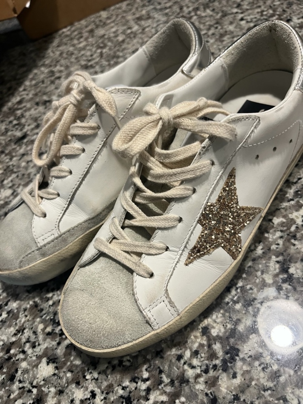 Golden Goose White Low-Top Sneakers with Gold Glitter Star